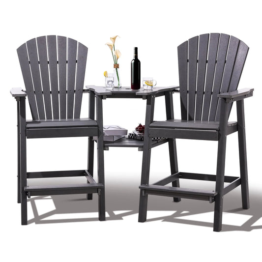 Tall Adirondack Chairs Set of 2,Outdoor Adirondack Barstools with Double Connecting Tray Patio Stools Weather Resistant for Outdoor Deck Lawn Pool Backyard,Grey