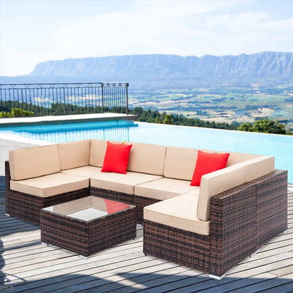 Patio Furniture Sets, 7-Piece Wicker Patio Conversation Furniture Set w/6 Seats, 1PC Tempered Glass Table, 6 Weather-Resistant Cushions, 2 Red Pillows for Backyard Porch Lawn Pool, Q2353