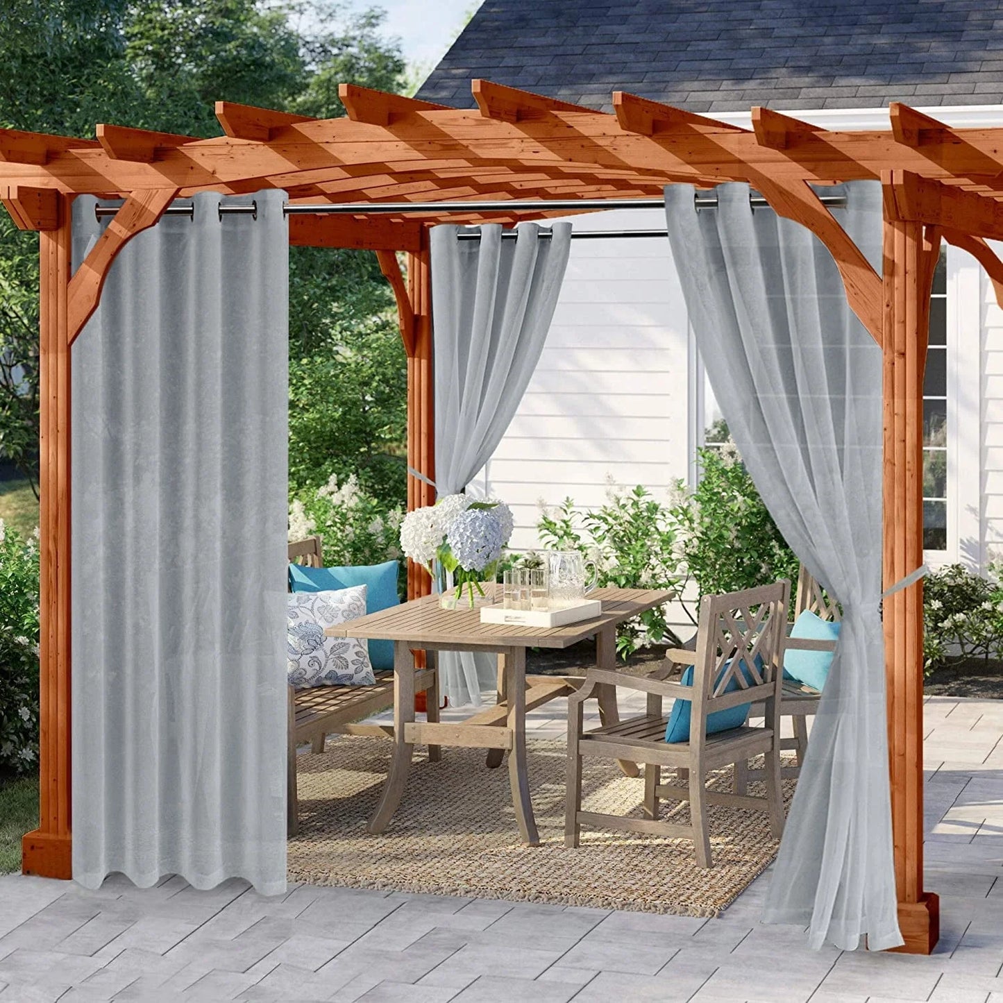 Rosnek Outdoor Sheer Curtains for Patio Waterproof, Quick Dry Privacy Drape Light Filtering Voile Sheer Grommet for Porch, Pergola