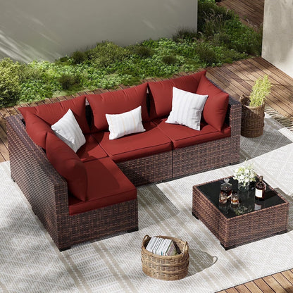 ELPOSUN Patio Furniture Set, Outdoor Patio Furniture Wicker Furniture Couch Set, 5 Pieces Outdoor Sectional Sofa, Patio Furniture Set, Outdoor Patio Set for Balcony Furniture (Grey)