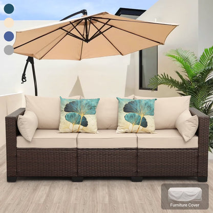 3-Seat Patio Wicker Sofa Outdoor Rattan Couch Furniture Steel Frame with High Back NO-Slip Cushioned, Blue