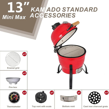 VINGLI 13" Kamado Charcoal Grill Portable Barbecue Grill BBQ Kettle Stand Lid Perfect for Outdoor Camping Patio Backyard Picnic