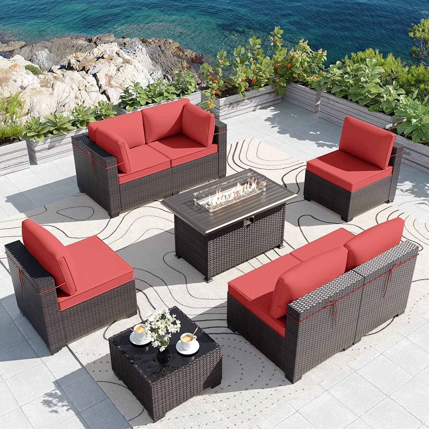 Gotland Outdoor Patio Sectional Furniture Set with 43" Propane Table 8Pcs Red Sponge Rattan Wicker