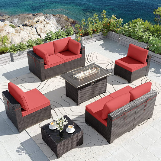Gotland Outdoor Patio Sectional Furniture Set with 43" Propane Table 8Pcs Red Sponge Rattan Wicker