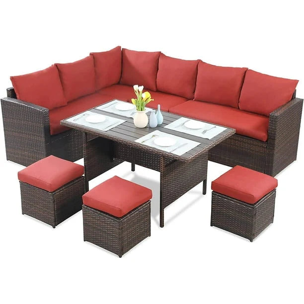 CozyHom 7 Pcs Outdoor Patio PE Wicker Sectional Dining Sofa Furniture Set, Rattan Sectional Conversation Furniture Set With Dining Table, Beige