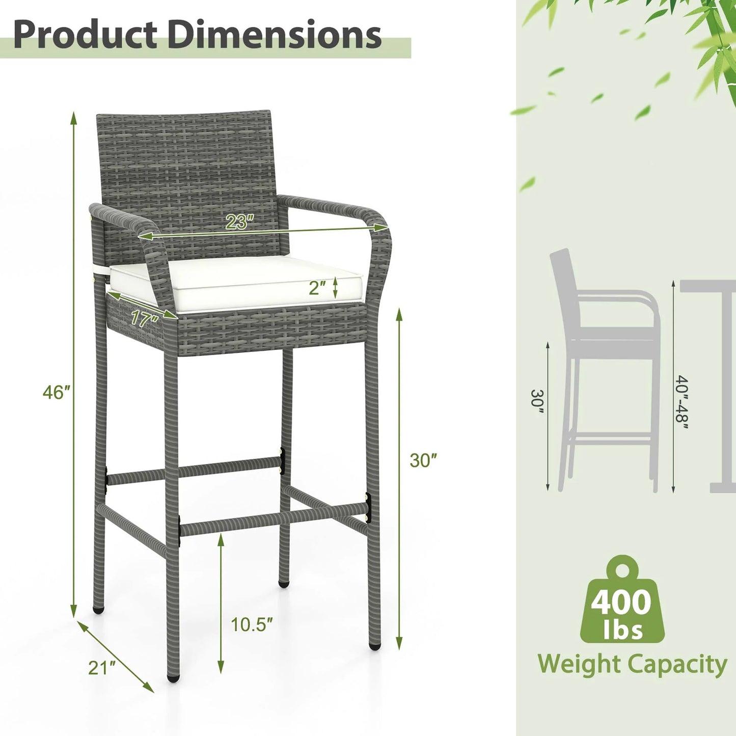 Costway Patio Wicker Barstools Set of 2 with Armrests & Soft Cushions Stable Metal Frame