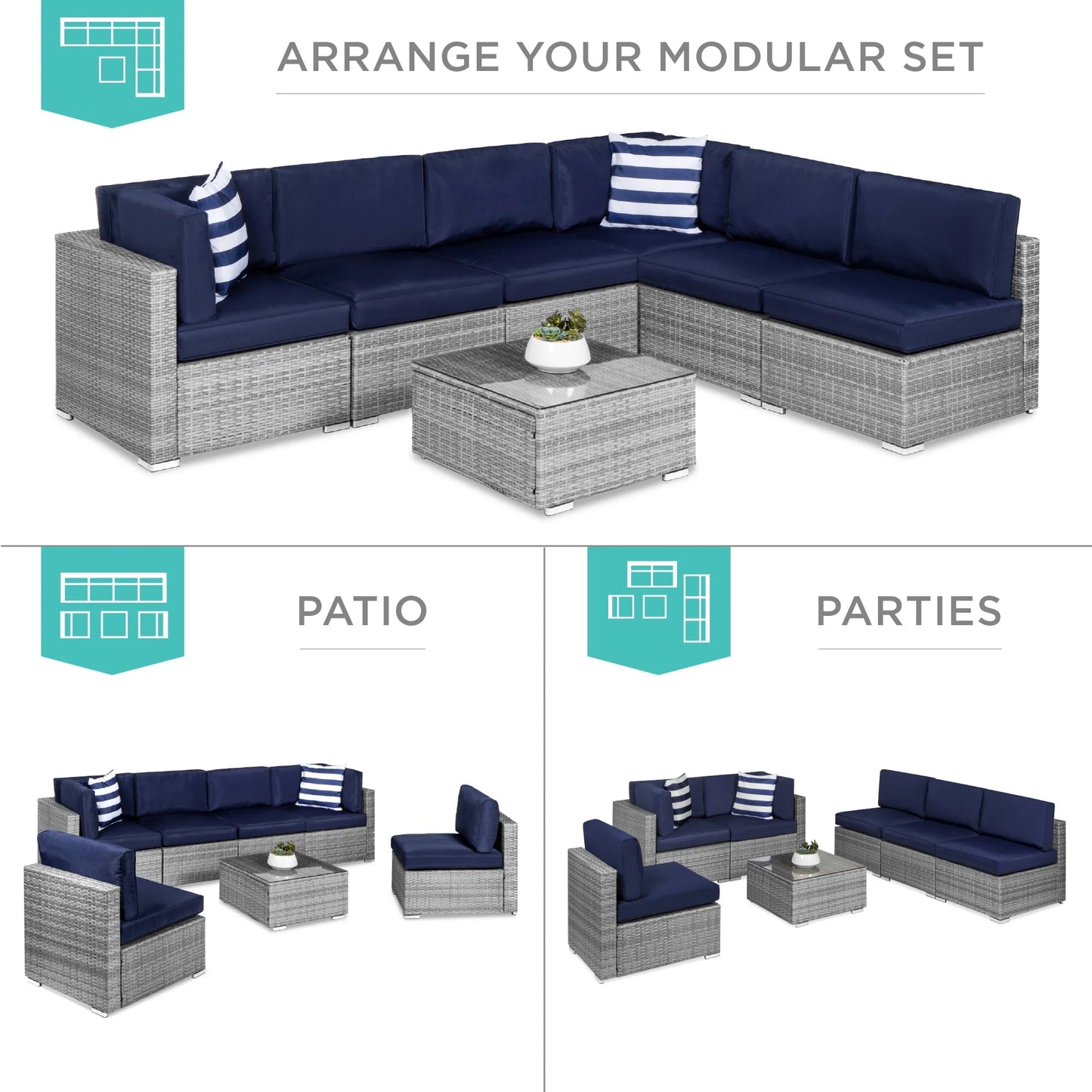 Best Choice Products 7-Piece Modular Outdoor Wicker Patio Conversation Furniture Set Sectional Sofa - Gray/Navy