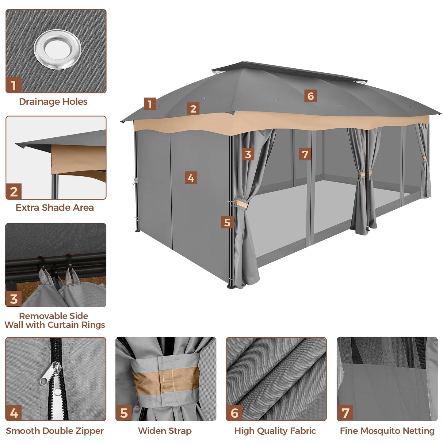 Hoteel 12X20 Heavy Duty Outdoor Patio Gazebo with Mosquito Netting and Curtains, Canopy Tent Deck Gazebo with Double Roofs and Metal Steel Frame for Party, Backyard, Deck, Garden, Gray