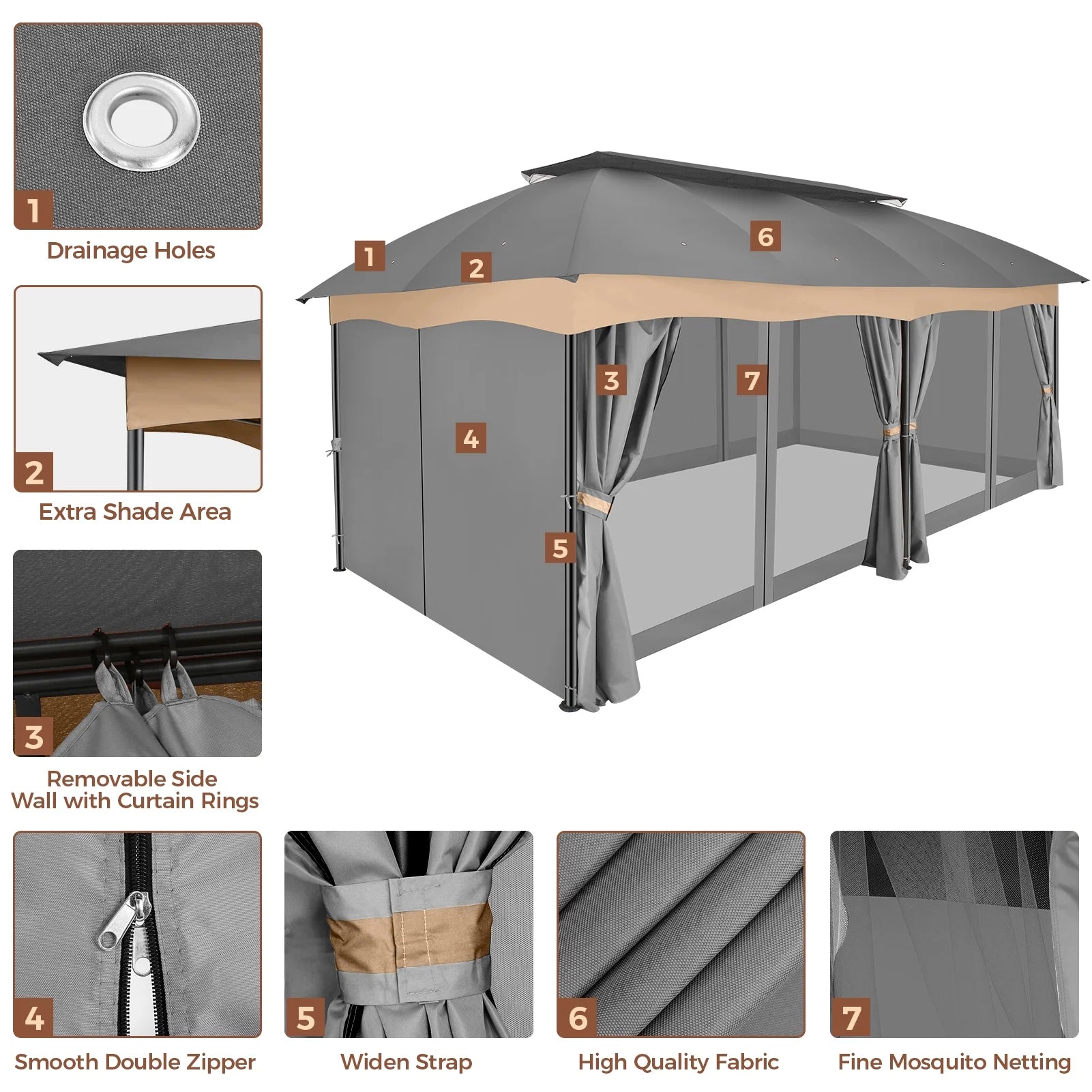 Hoteel 12X20 Heavy Duty Outdoor Patio Gazebo with Mosquito Netting and Curtains, Canopy Tent Deck Gazebo with Double Roofs and Metal Steel Frame for Party, Backyard, Deck, Garden, Gray