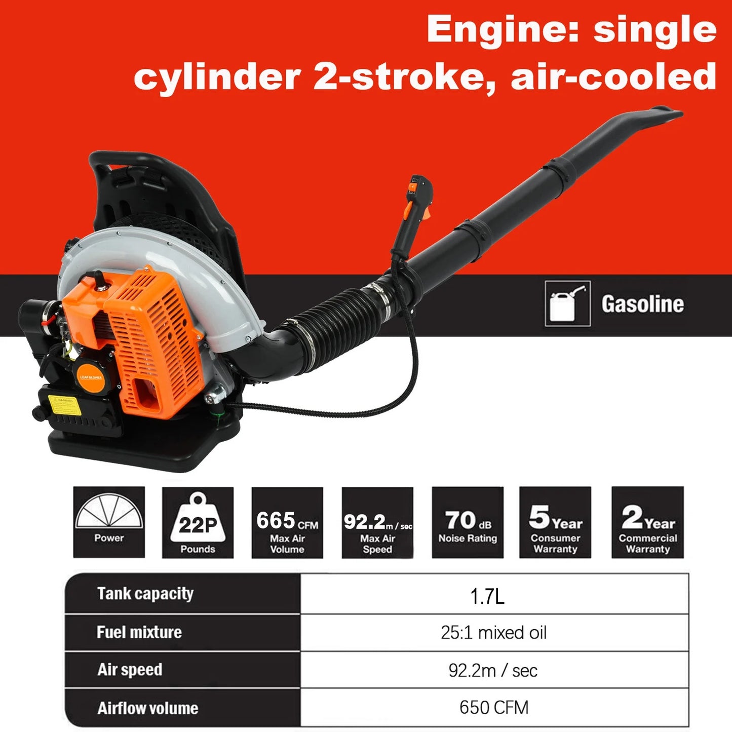 Limorve EB650 Backpack Leaf Blower, 2-Stroke Engine Multi-purpose 63 Cubic Centimeter High Strength Snow Blower for Lawn Care, Patio, Sidewalk,Snow Blowing-Orange