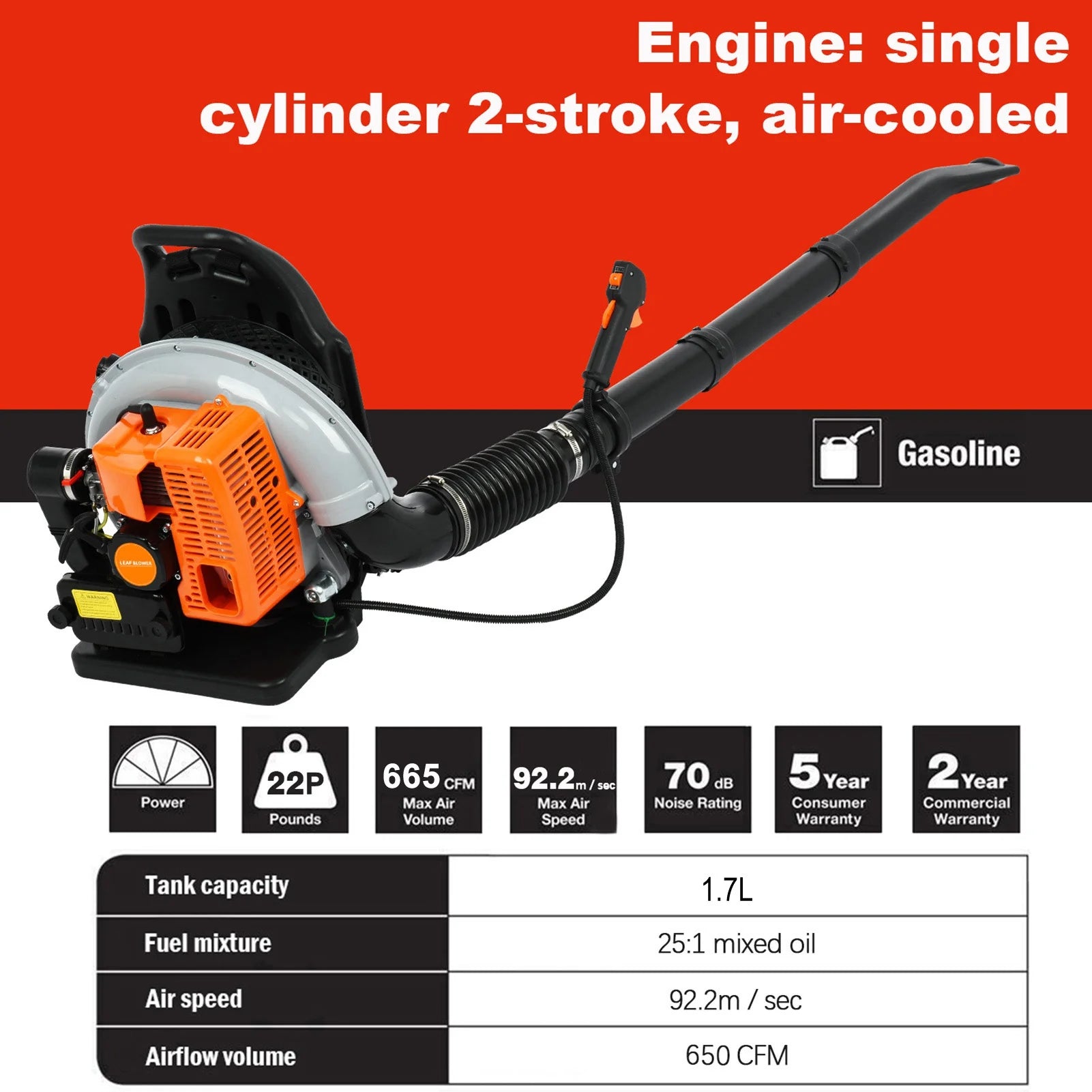 Limorve EB650 Backpack Leaf Blower, 2-Stroke Engine Multi-purpose 63 Cubic Centimeter High Strength Snow Blower for Lawn Care, Patio, Sidewalk,Snow Blowing-Orange