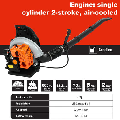 Limorve EB650 Backpack Leaf Blower, 2-Stroke Engine Multi-purpose 63 Cubic Centimeter High Strength Snow Blower for Lawn Care, Patio, Sidewalk,Snow Blowing-Orange
