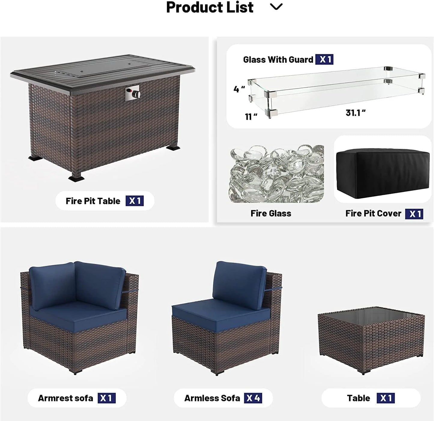 Kullavik Patio Furniture Set PE Rattan Auto-Ignition Propane Fire Pit Windshield Coffee Table Navy Blue