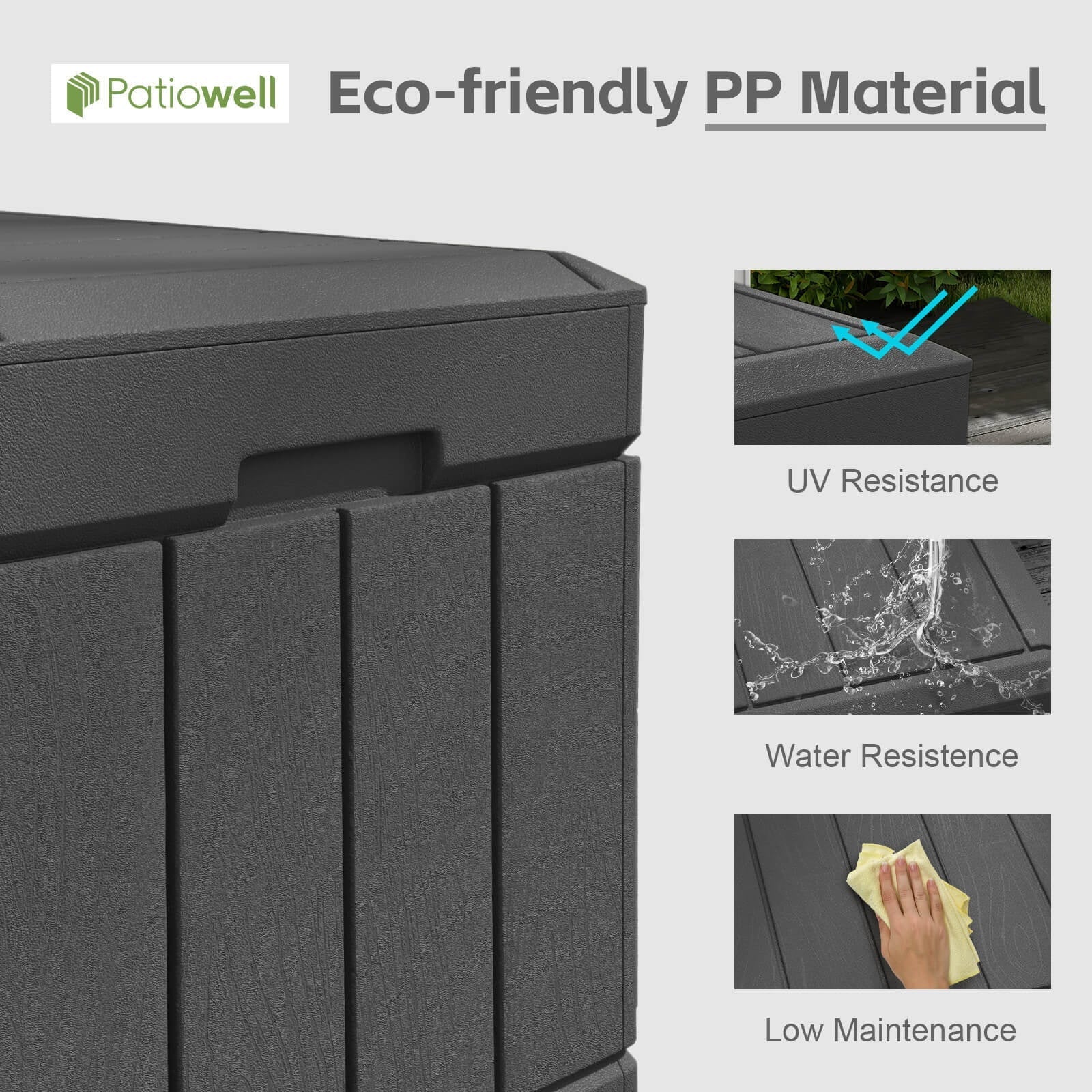 Patiowell 82 Gallon Deck Box Outdoor Storage Resin Wood Look Storage Box with Lockable lid for Patio Furniture, Black