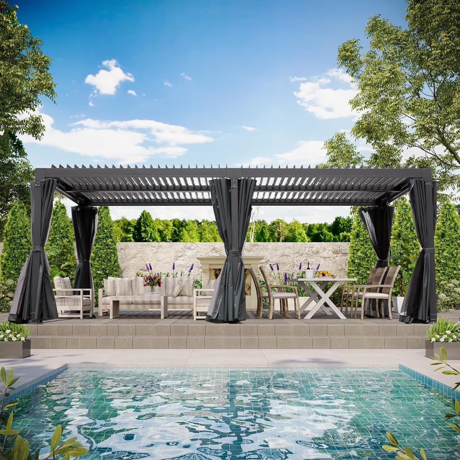 GAZEBETER 10' x 20' Louvered Pergola, Outdoor Aluminium Pergola with Adjustable Roof, Curtains and Netting, Hardtop Gazebo for Patio, Deck, Garden, Yard, Beach, White