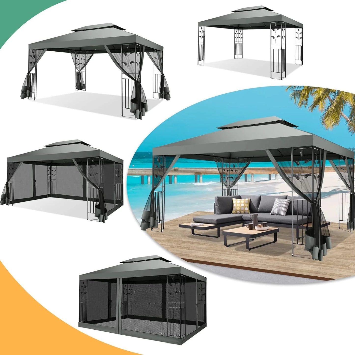 COBIZI 10' x 13' Pop Up Gazebo, Screened Patio Gazebo, Outdoor Steel Double Roof Canopy Tent, Metal Frame Canopy with Mosquito Netting, Sunshade for Garden, Lawns, Gray