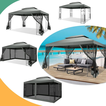 COBIZI 10' x 13' Pop Up Gazebo, Screened Patio Gazebo, Outdoor Steel Double Roof Canopy Tent, Metal Frame Canopy with Mosquito Netting, Sunshade for Garden, Lawns, Gray