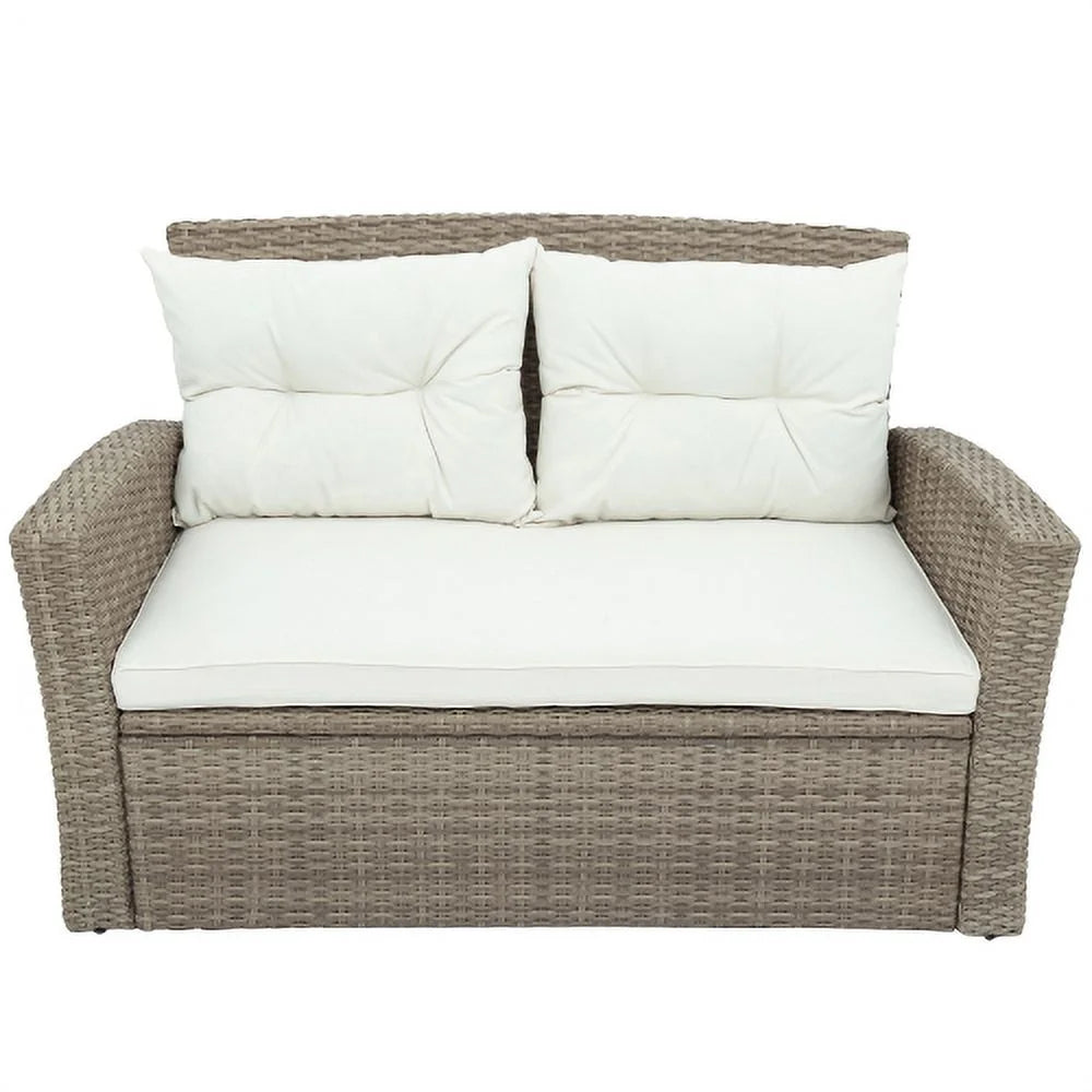 Harper & Bright Designs 4 Pieces Patio Wicker Chair with Ottoman and Coffee Table, Outdoor Rattan Loveseat Sectional Sofa Furniture Set for Garden, Beige Cushions