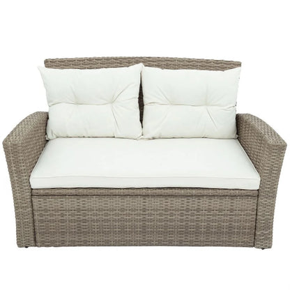 Harper & Bright Designs 4 Pieces Patio Wicker Chair with Ottoman and Coffee Table, Outdoor Rattan Loveseat Sectional Sofa Furniture Set for Garden, Beige Cushions