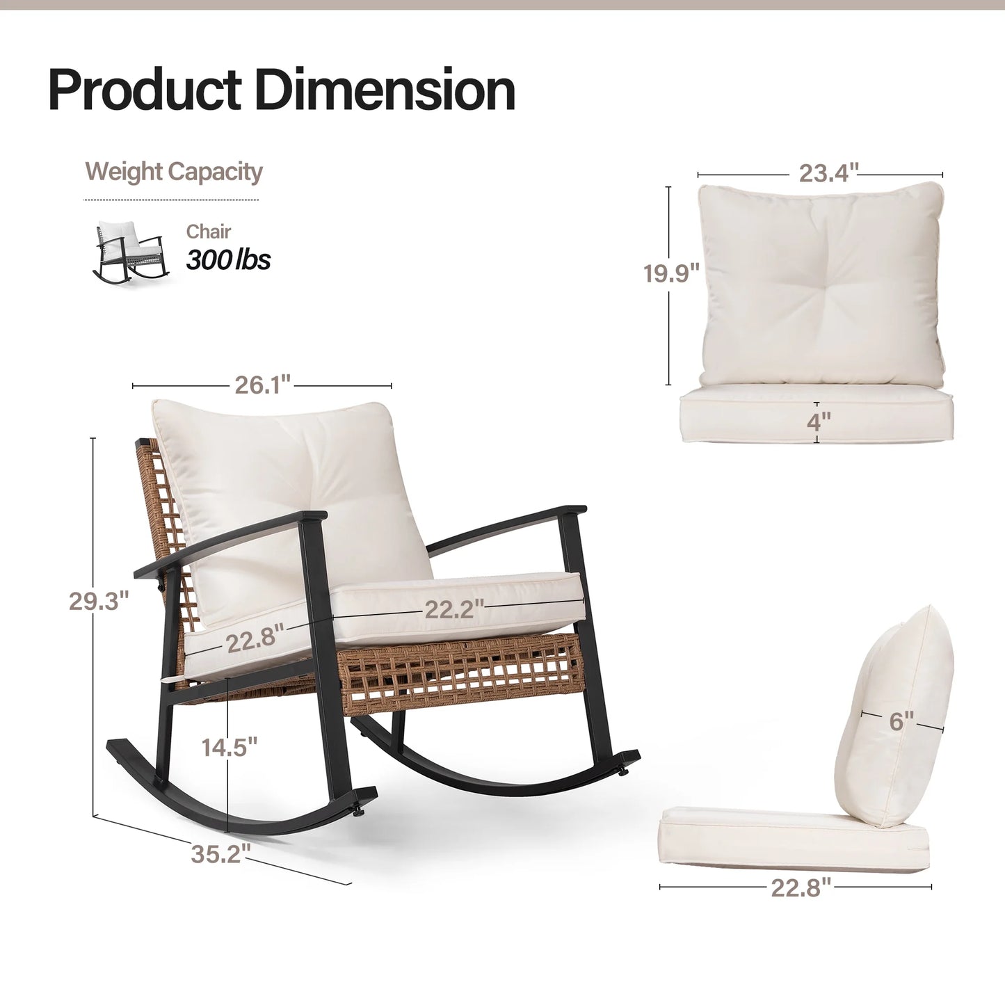 LAUSAINT HOME Outdoor Rocking Chair, Patio PE Rattan Chair with Beige Cushions