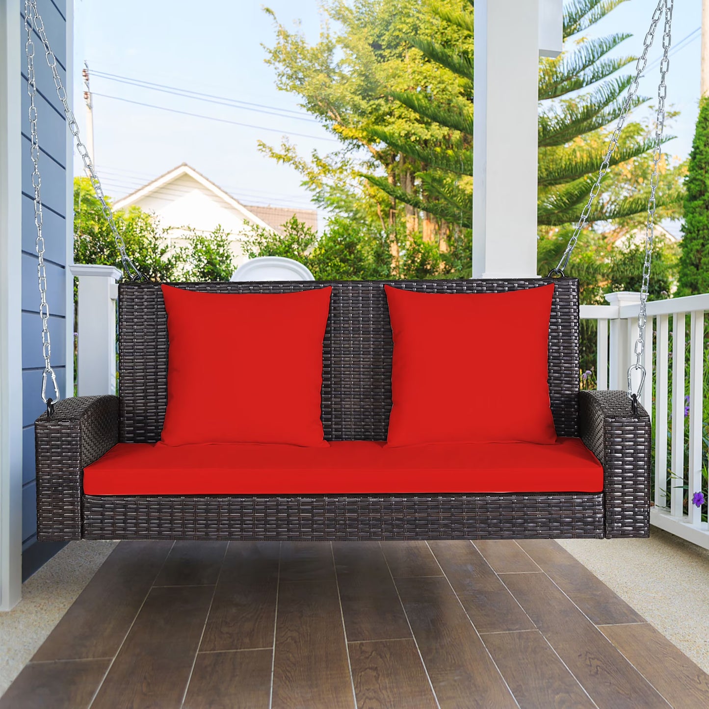 Costway 2-Person Patio Rattan Hanging Porch Swing Bench Chair Cushion Turquoise