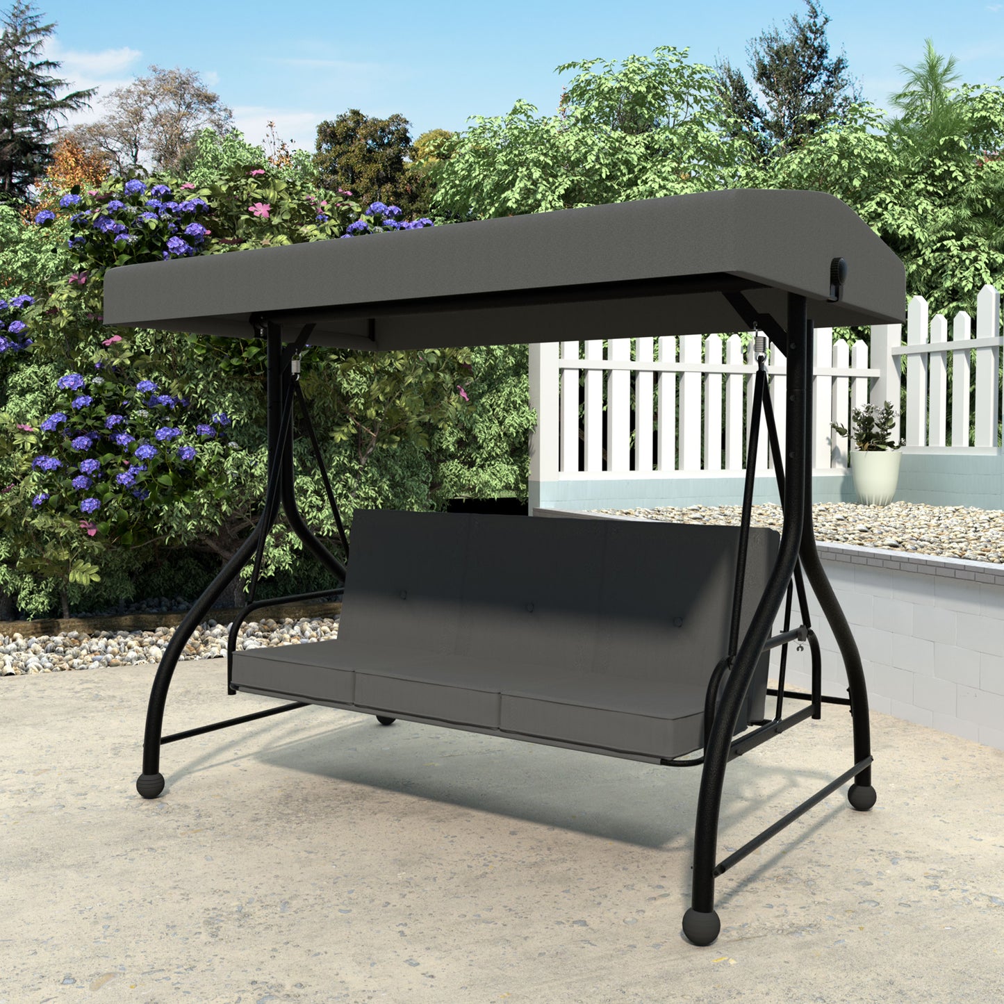 VEIKOUS 3-Seat Porch Swing Glider Outdoor with Adjustable Canopy and Side tables for Patio, Beige