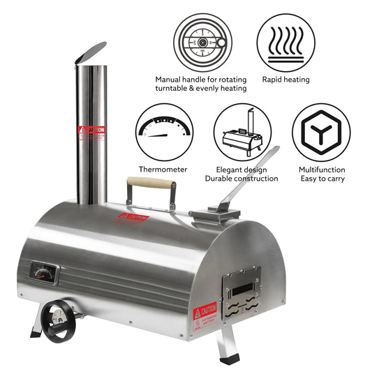 12" Wood Pellet Outdoor Pizza Oven, Portable Stainless Steel Rotatable Pizza Maker with Built-in Thermometer, Carry Bag, Pizza Cutter, Semi-Automatic Pellet & Wood Pizza Oven for Garden BBQ, Patio