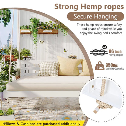 Country Patio Wooden Twin Size Swing Daybed Porch Swing Frame with 4pcs 96-inch Hemp Ropes for Backyard, Garden, White