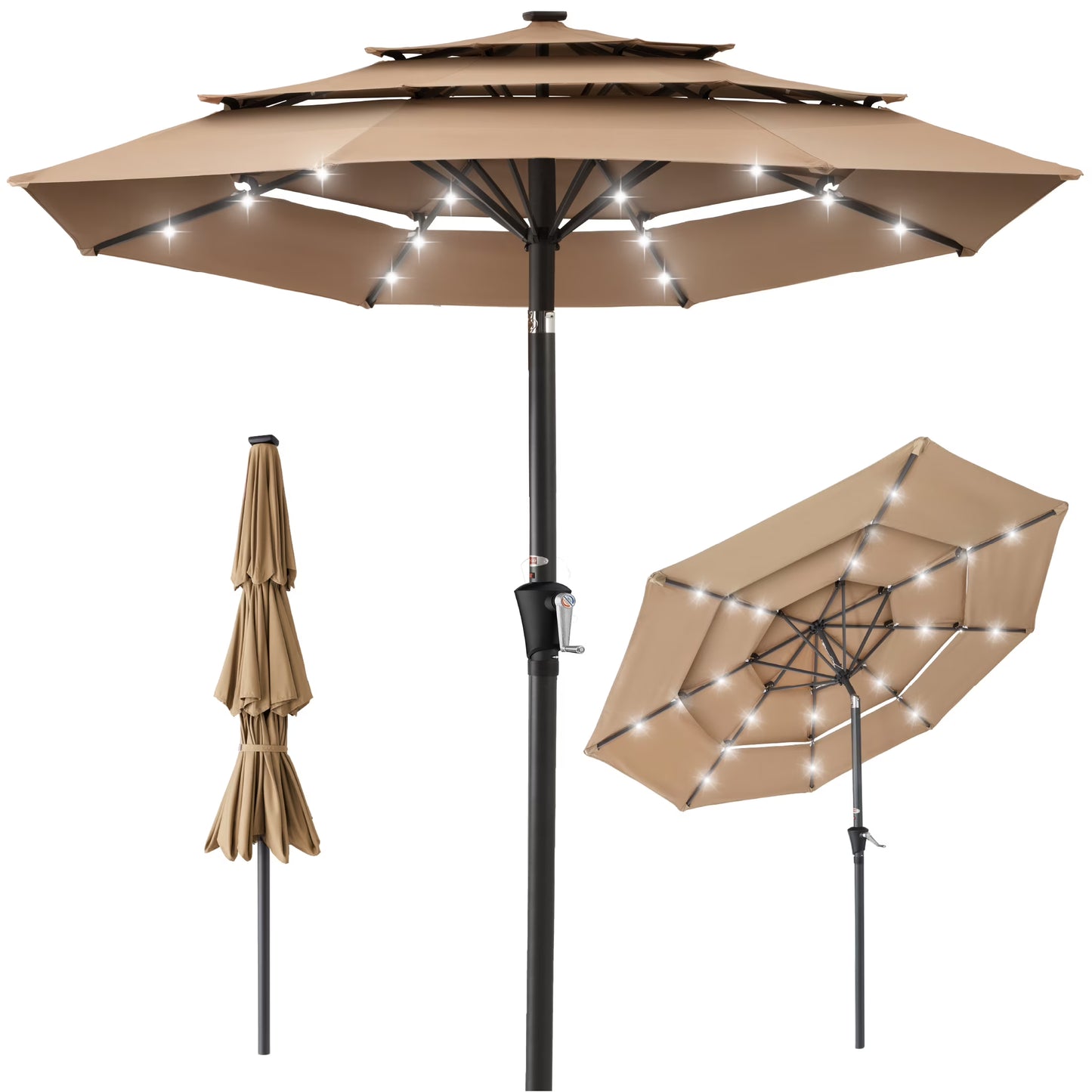 Best Choice Products 10ft 3-Tier Solar Patio Umbrella w/24 LED Lights, Tilt Adjustment, Easy Crank - Tan