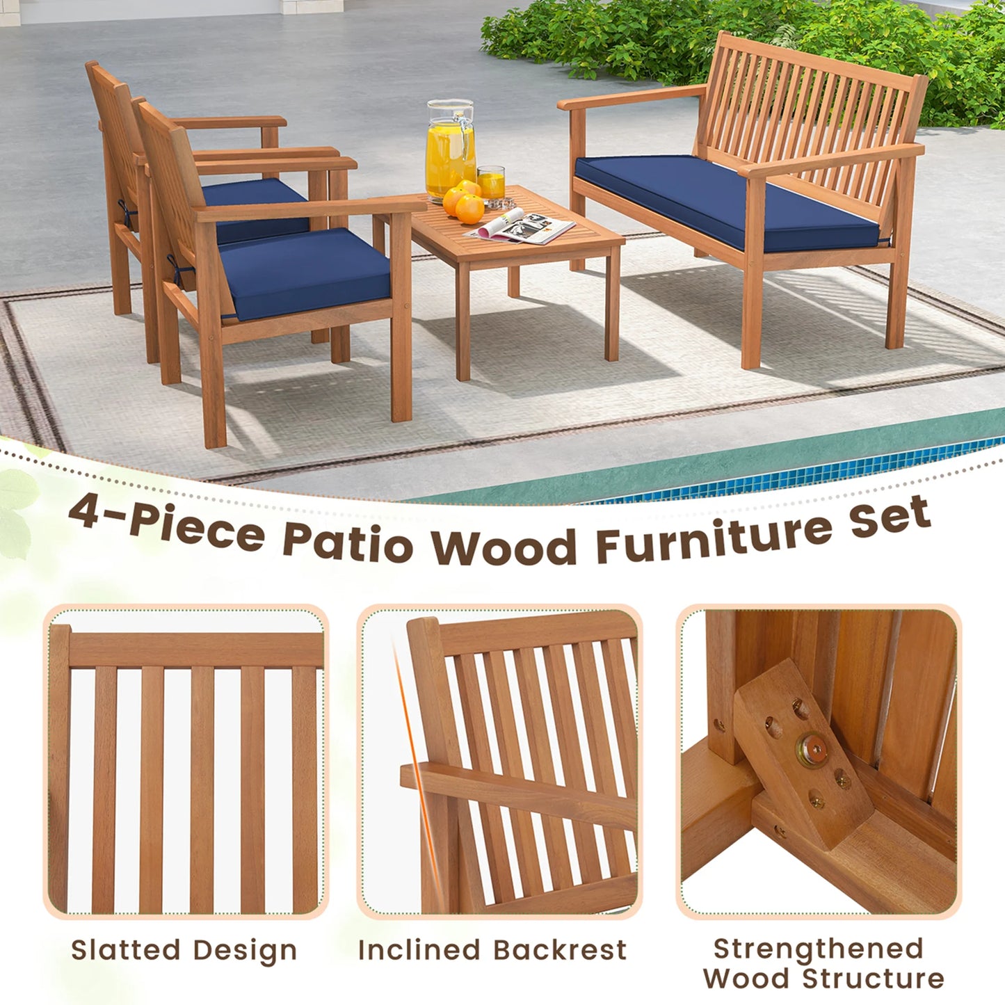 Costway 4 PCS Patio Wood Furniture Set with Loveseat, 2 Chairs & Coffee Table for Porch Navy