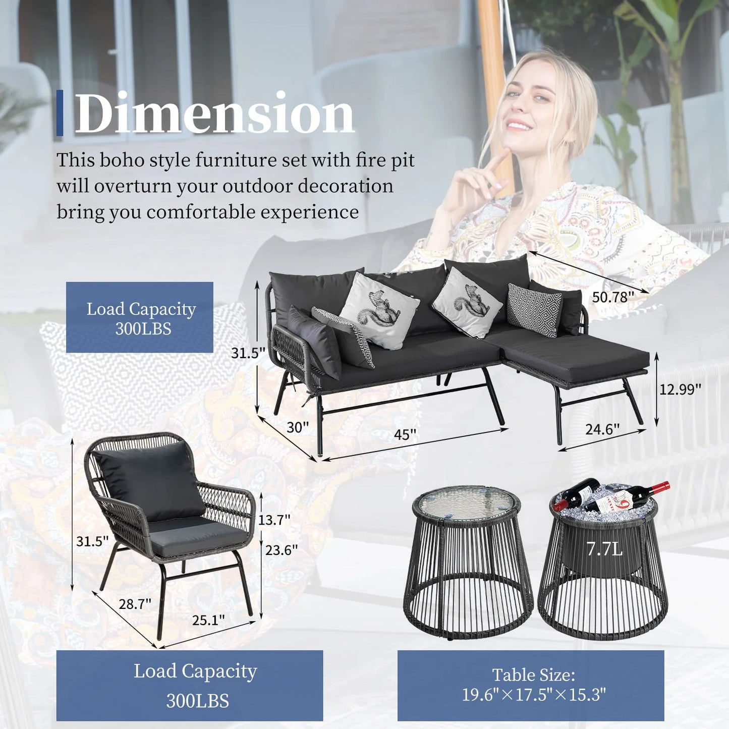 NICESOUL 6 Pcs Boho Outdoor Furniture Set with Ice Bucket Wicker Patio Bistro Chairs, Dark Grey