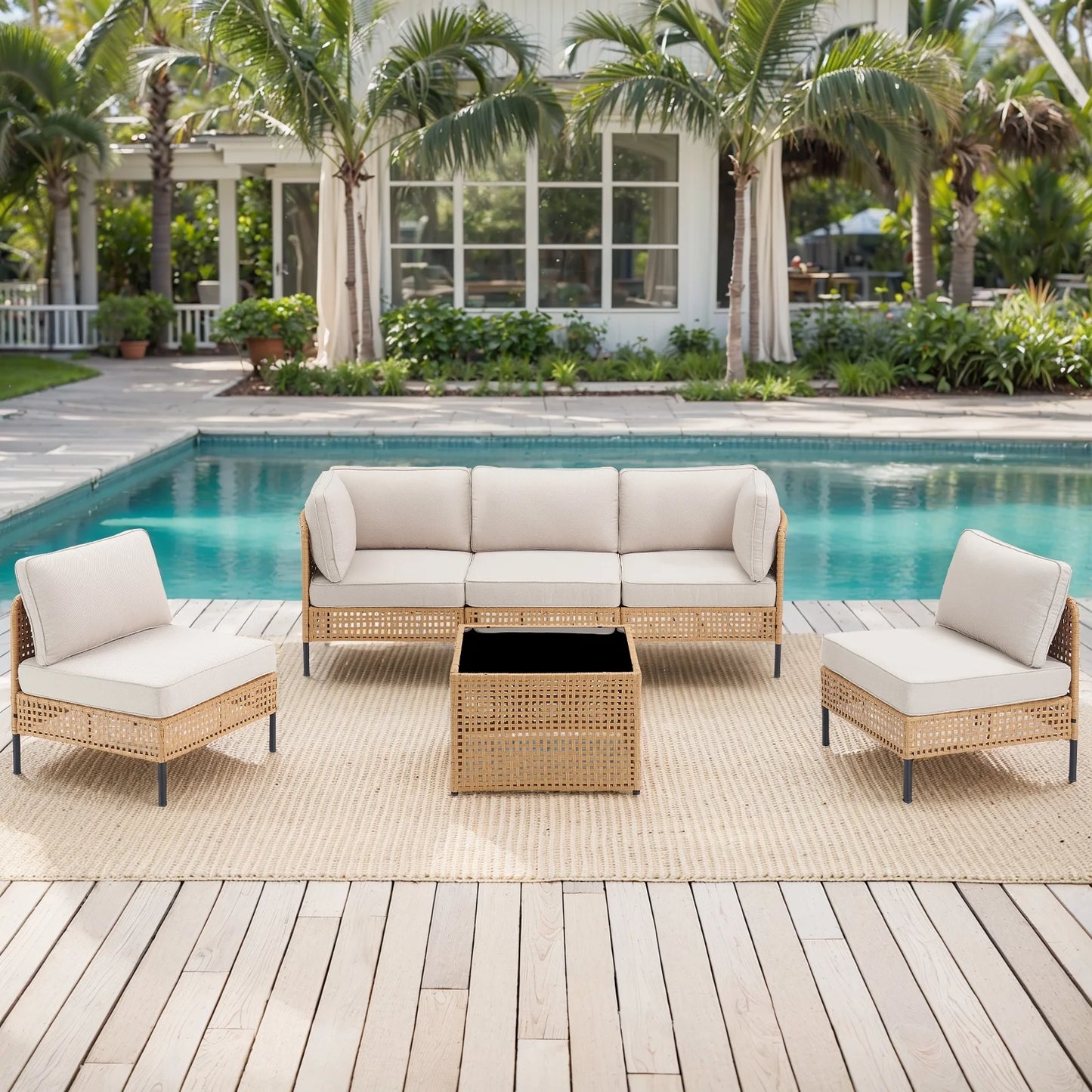 Swpormundo 6 Piece Wicker Patio Furniture Set,Outdoor Conversation Sectional Sofa w/Coffee Table,All-Weather Outdoor Sofa with Thick Cushions for Deck,Poolside,Garden,Beige