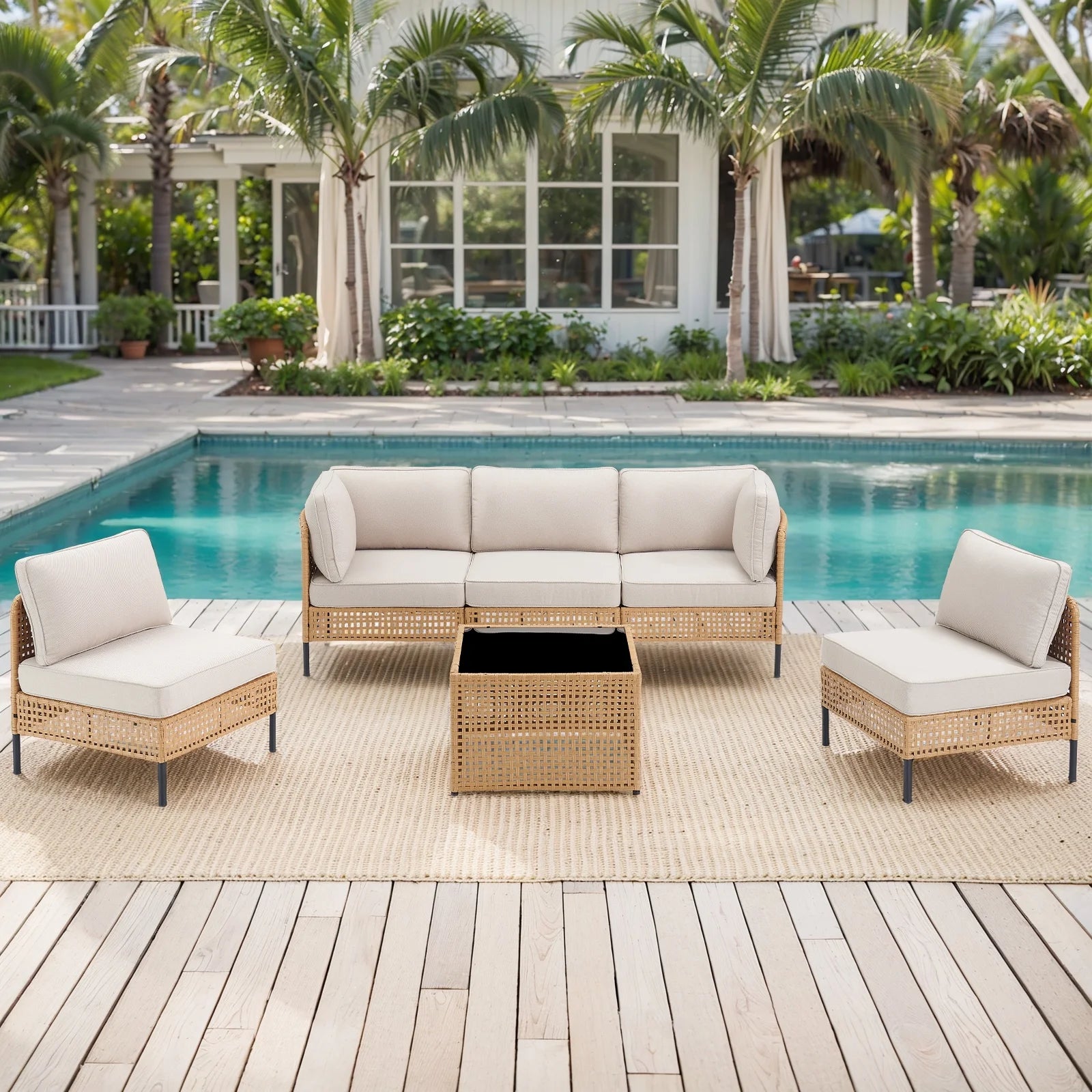Swpormundo 6 Piece Wicker Patio Furniture Set,Outdoor Conversation Sectional Sofa w/Coffee Table,All-Weather Outdoor Sofa with Thick Cushions for Deck,Poolside,Garden,Beige