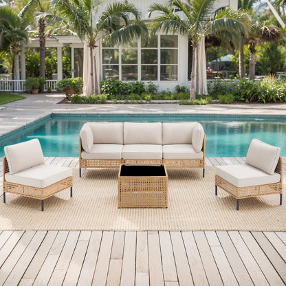 Swpormundo 6 Piece Wicker Patio Furniture Set,Outdoor Conversation Sectional Sofa w/Coffee Table,All-Weather Outdoor Sofa with Thick Cushions for Deck,Poolside,Garden,Beige