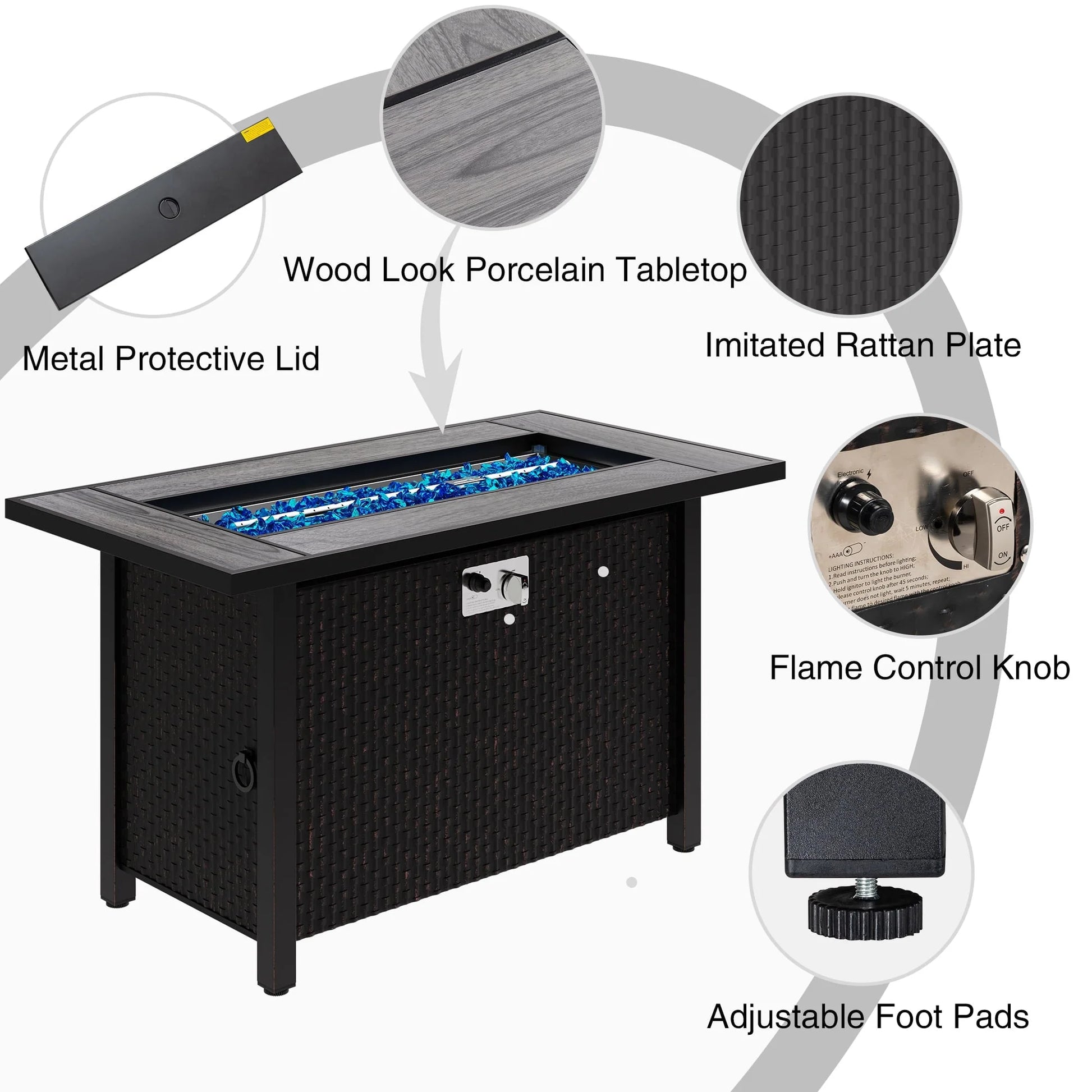 Sobaniilo Fire Pit 45in Propane Fire Pit with Rain Cover and Lava Rock, Outdoor Firepit Table 50000 BTU 3-in-1 Fire Table for Patio/Yard/Balcony, Rectangular, Black