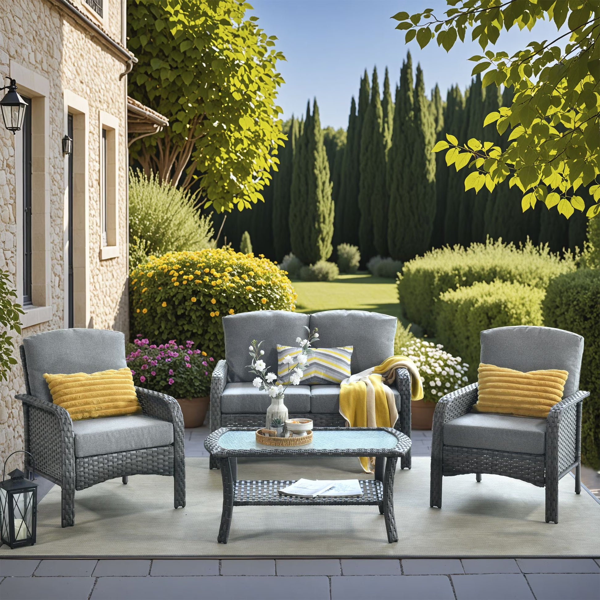 Vcatnet 4 Pieces Outdoor Patio Furniture All-weather Wicker Conversation Set with Coffee Table for Garden,Poolside,Gray