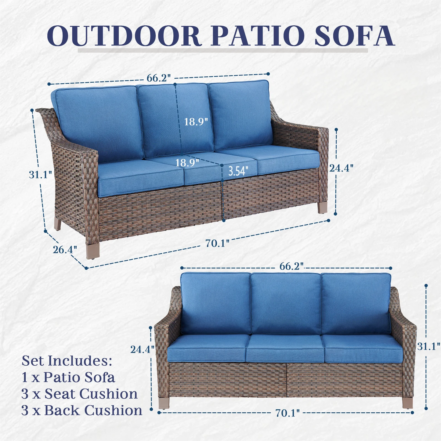 Gymojoy 6-Piece Patio Furniture Set, Oversized Outdoor Wicker Sofa with Swivel Chairs and Coffee Table, Sectional Rattan Outdoor Conversation Set for Poolside Backyard Deck, Blue