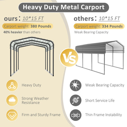 VEIKOUS 15' x 10' Outdoor Metal Carport, Galvanized Metal Heavy Duty Garage with Weather Resistant Roof For Patio, Backyard