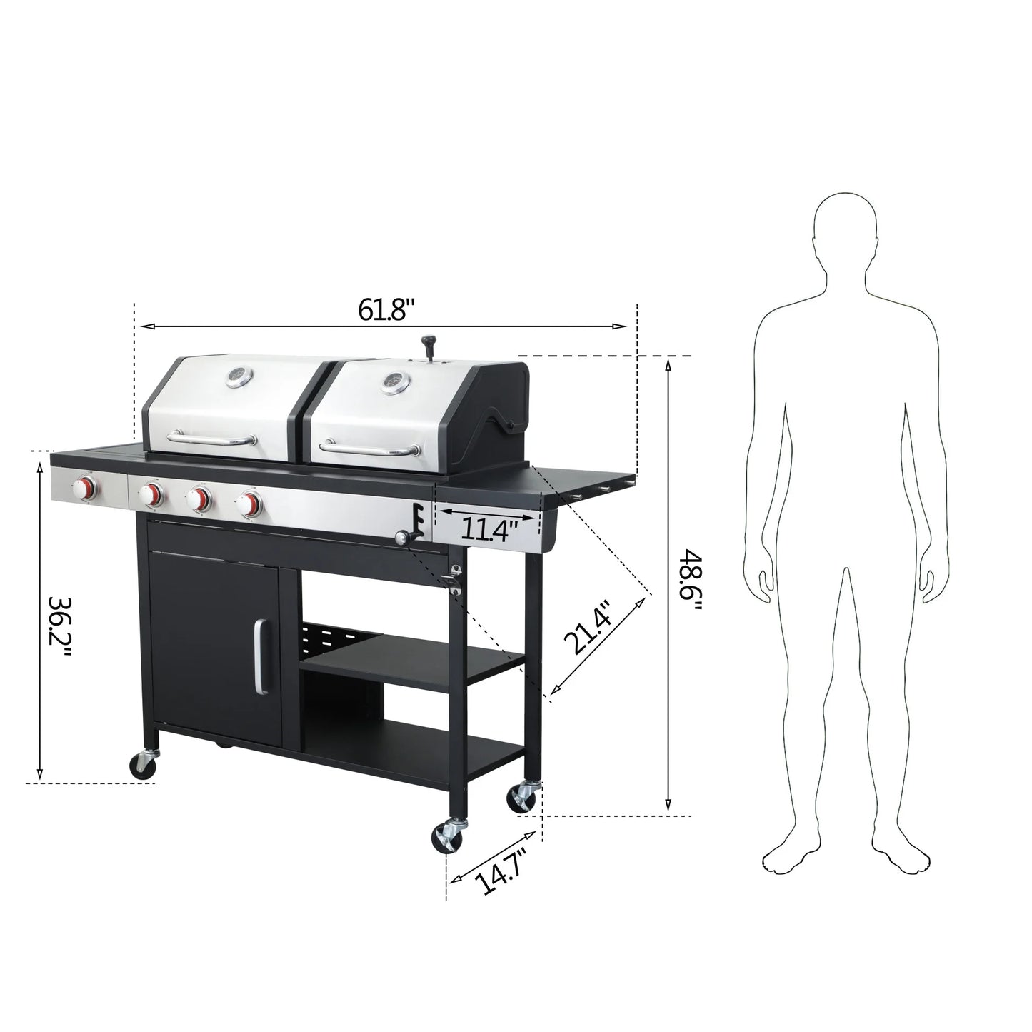 Dual Fuel Outdoor Grill 3 Burner Propane & Charcoal Combo with Side Burner & Porcelain Cast Iron Grates, 37,230 BTUs High-Performance BBQ Grill for Patio Backyard Cooking