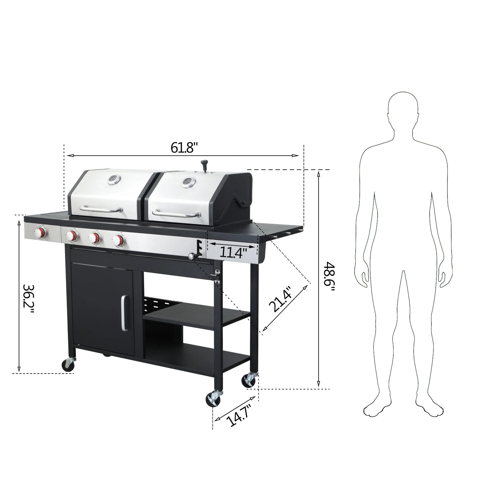 Dual Fuel Outdoor Grill 3 Burner Propane & Charcoal Combo with Side Burner & Porcelain Cast Iron Grates, 37,230 BTUs High-Performance BBQ Grill for Patio Backyard Cooking