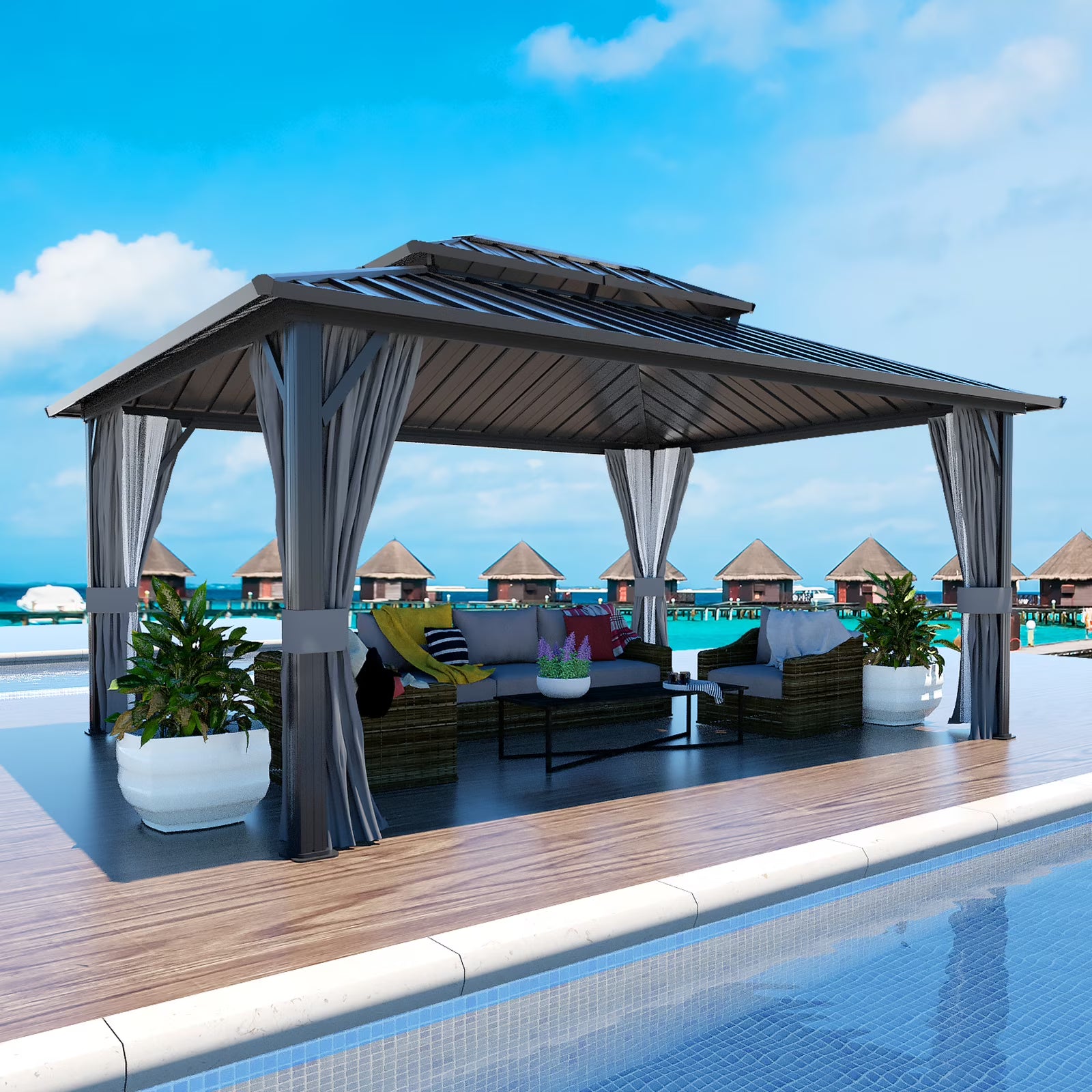 VEIKOUS 12'x10' Hardtop Gazebo, Outdoor Aluminum Gazebo Pergola w/Nettings and Curtains for Patio, Yard, Black