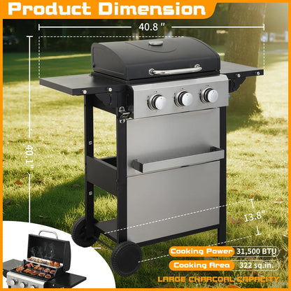 CIG GARDEN 3-Burner Propane Gas Grill,Outdoor Barbecue Grill with Side Tables and Wire Enamel Cooking Grids,31,500 BTU Output Stainless Steel Grill for Patio Garden Camping Backyard BBQ