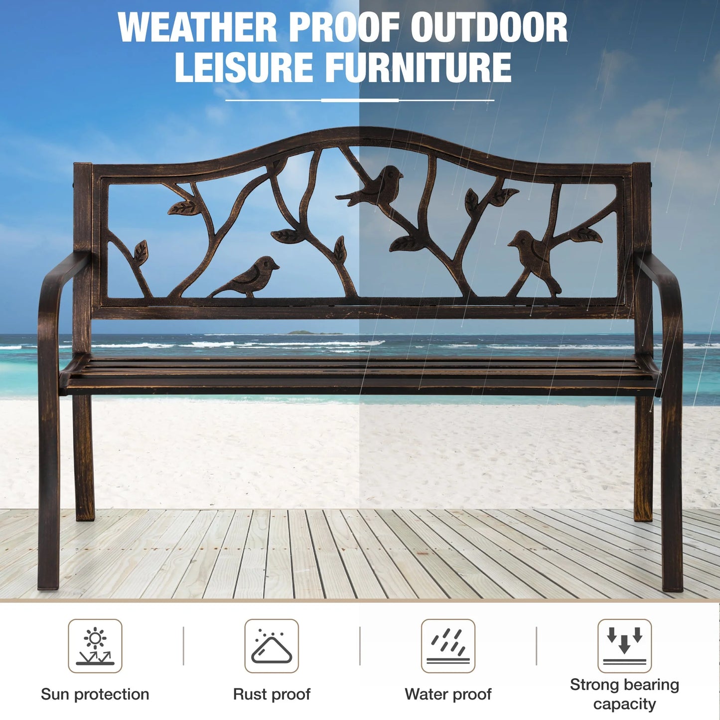 Alpha Joy 50" Outdoor Bench Metal Patio Garden Bench Slatted Seat for Lawn, Park, Porch, Backyard, Deck- Bronze