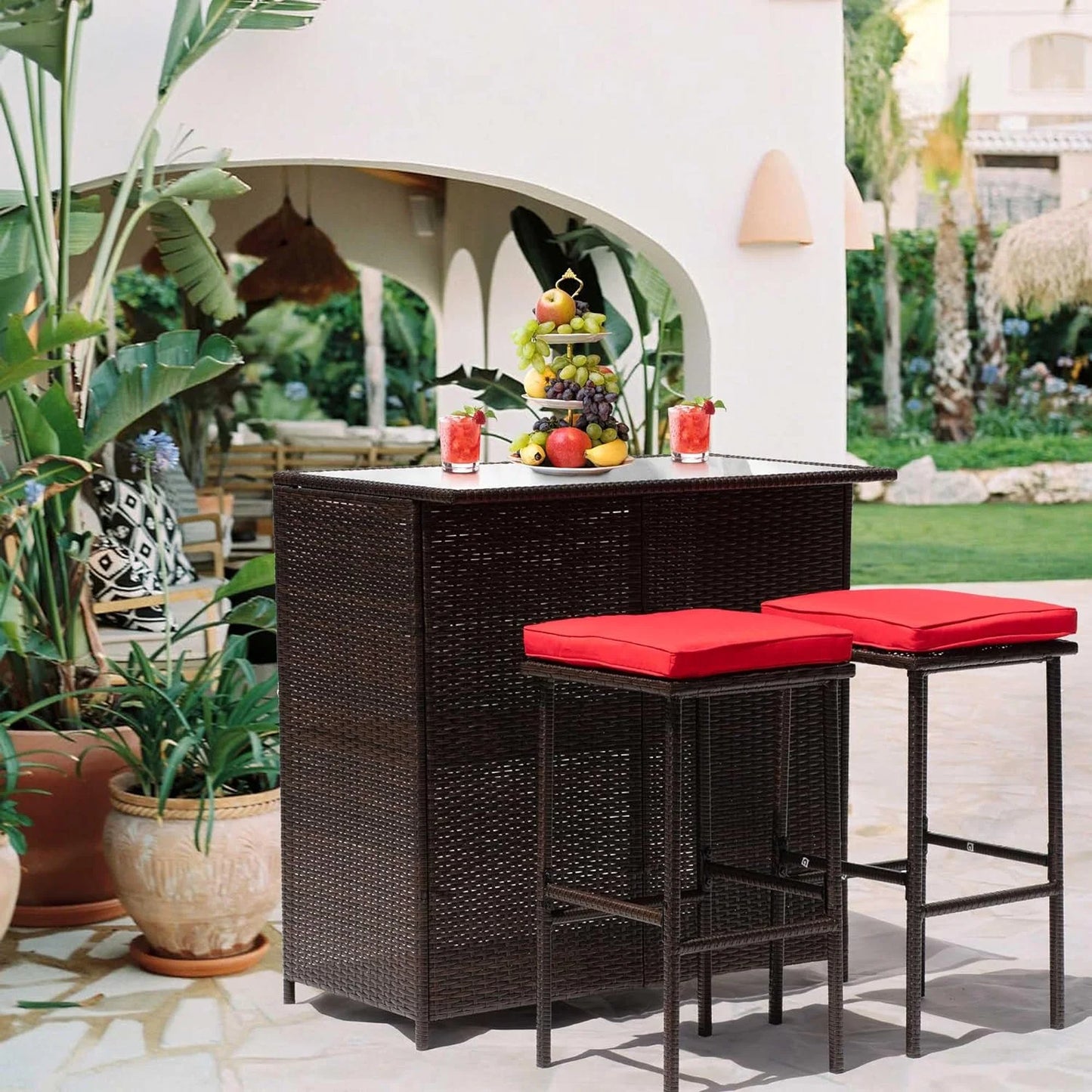 CL.HPAHKL Patio Bar Set, 3 Piece Outdoor Rattan Wicker Furniture Set with Glass Top Table & 2 Cushions Stools for Patios Backyards Porches Gardens Poolside, Khaki