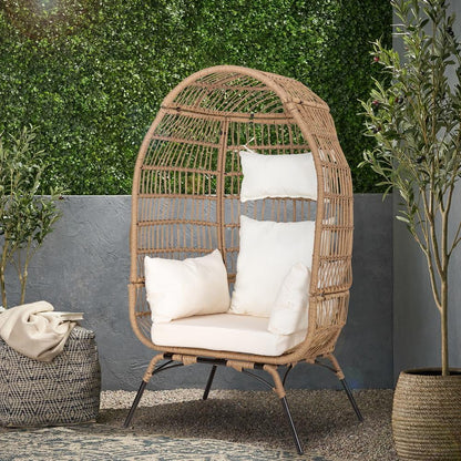 Eclife Outdoor Egg Chair Patio Wicker Lounge Chair with White Cushion Pillow for Home Pool Porch Garden Balcony
