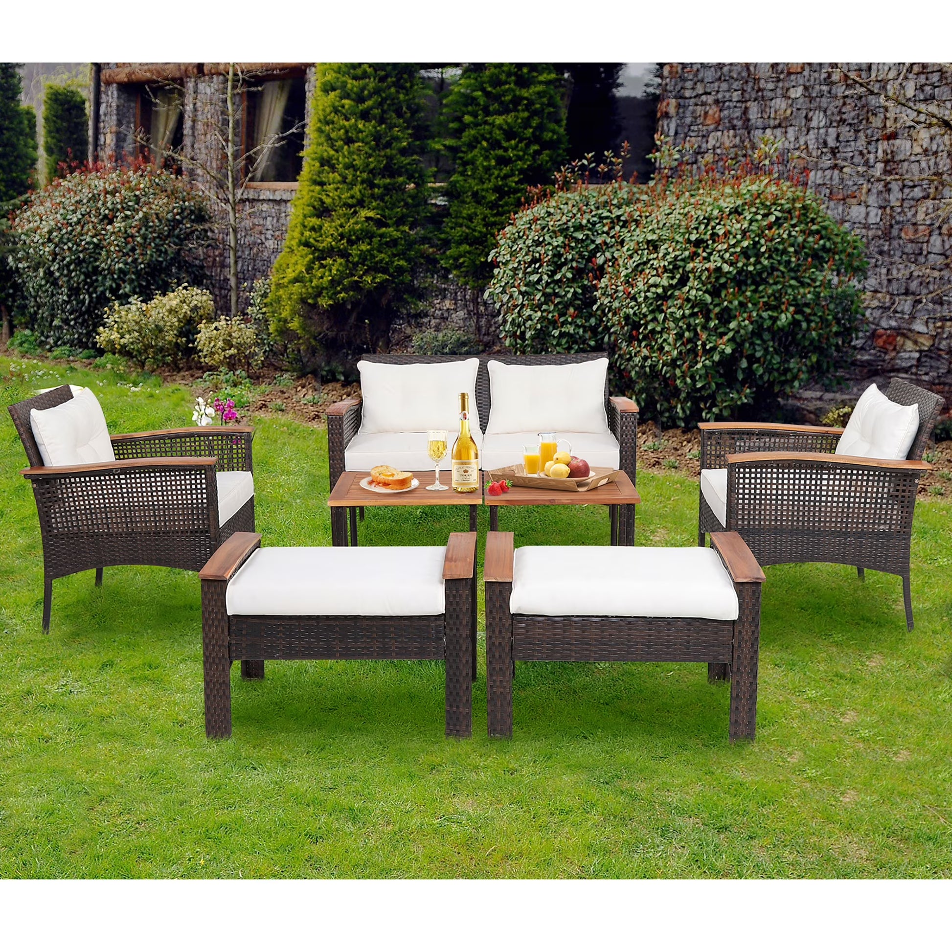 Gymax 7PCS Patio Rattan Sofa Set Outdoor Wicker Conversation Set w/Coffee Tables
