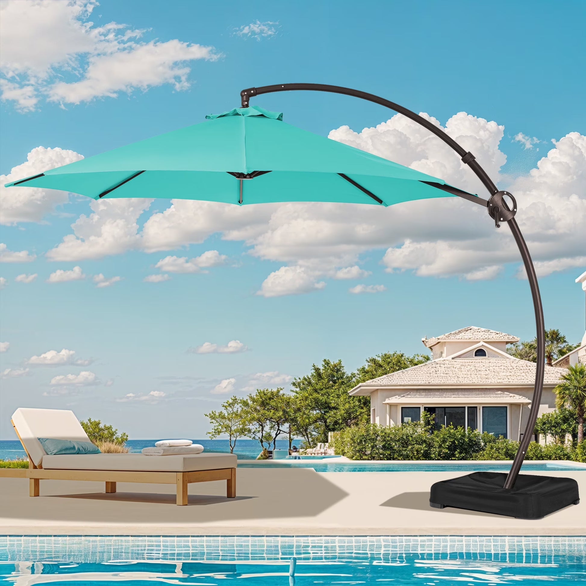 JUSTLET 10FT Arched-Pole Cantilever Hanging Patio Umbrella with baseNavy Blue
