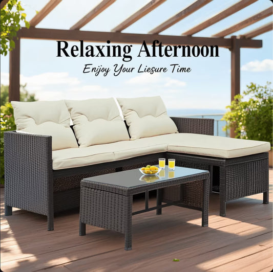 3 PCS Patio Sectional Sofa Conversation Set, All Weather Rattan Patio Furniture Set, Brown Outdoor Chaise Lounge Set with Cushion and Table, Deck Backyard Porch Furniture