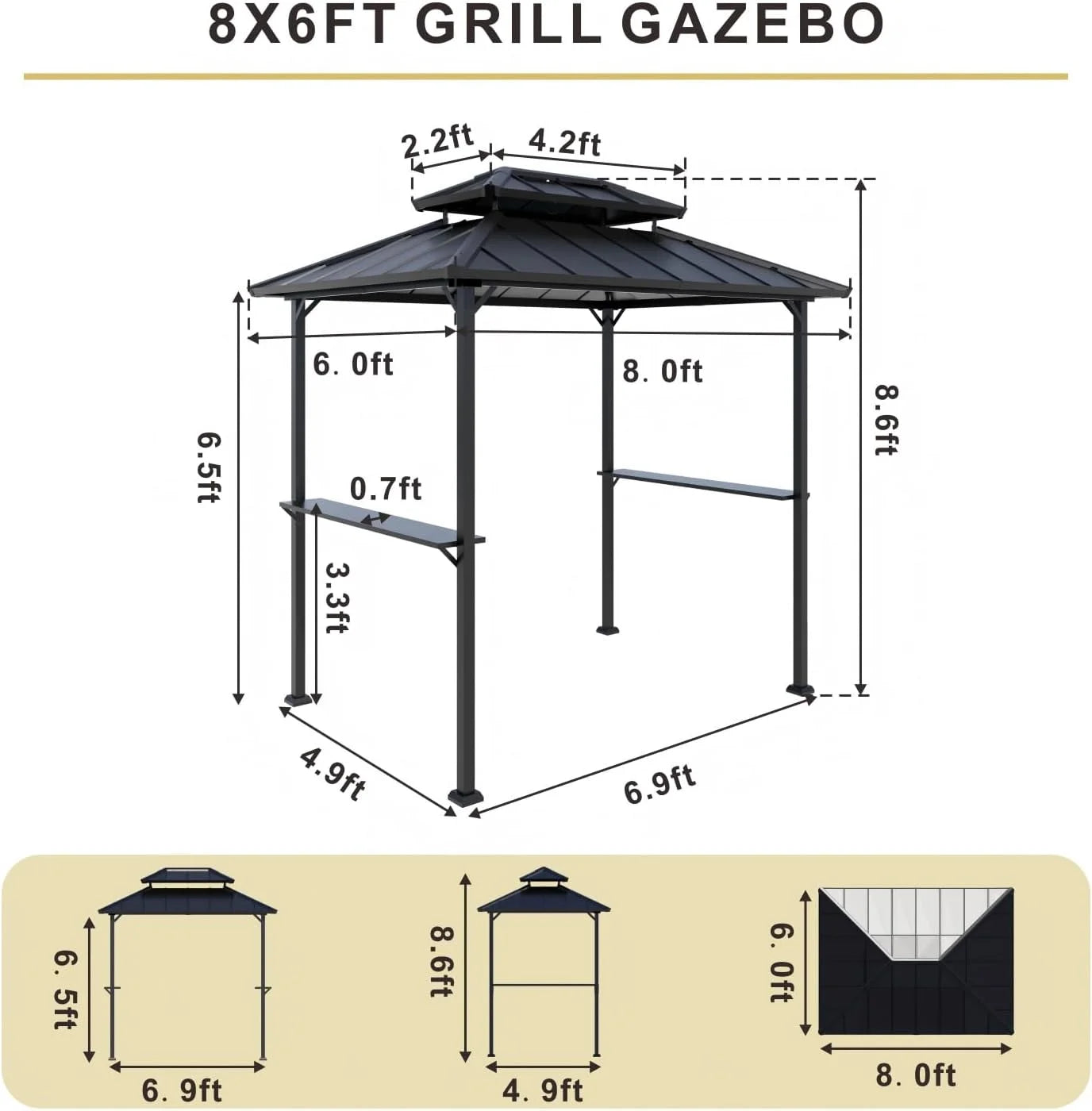 SOLUMIA 8'x6' Grill Gazebo with Double Roof, Aluminum Frame, Side Shelves, Galvanized Steel, for Patio, Backyard, Black