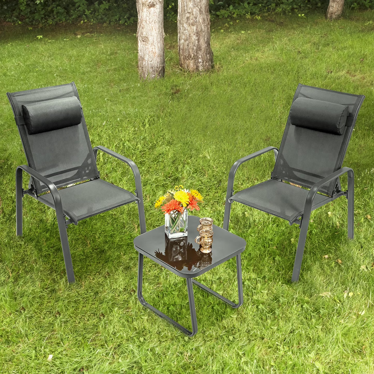 Costway 3PCS Patio Bistro Furniture Set Adjustable Back Stackable Chairs Black